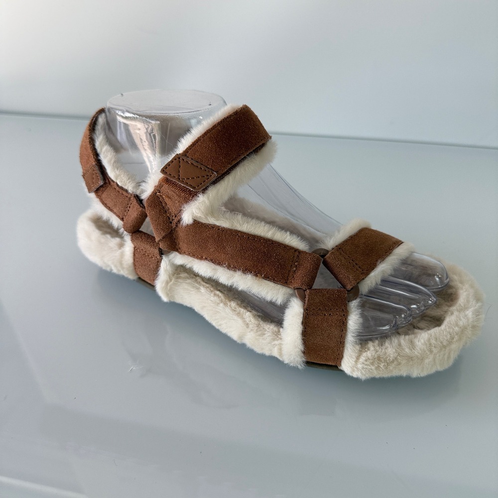 Vionic Viva Sandals Womens 6 Toffee Brown Suede Faux‎ Fur Strappy Orthotic 11298